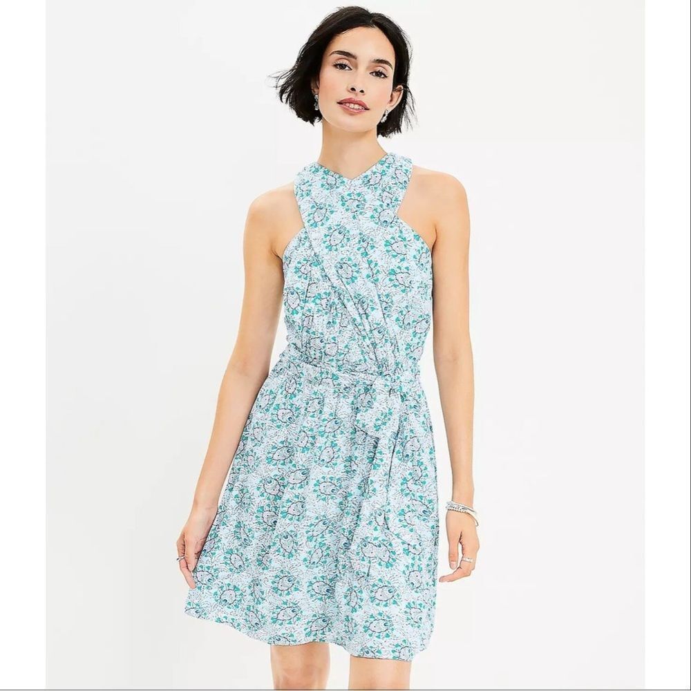 Loft Floral Bloom Crossover Halter Dress Blue Green Lavender Size 4 Tall‎ 4T
